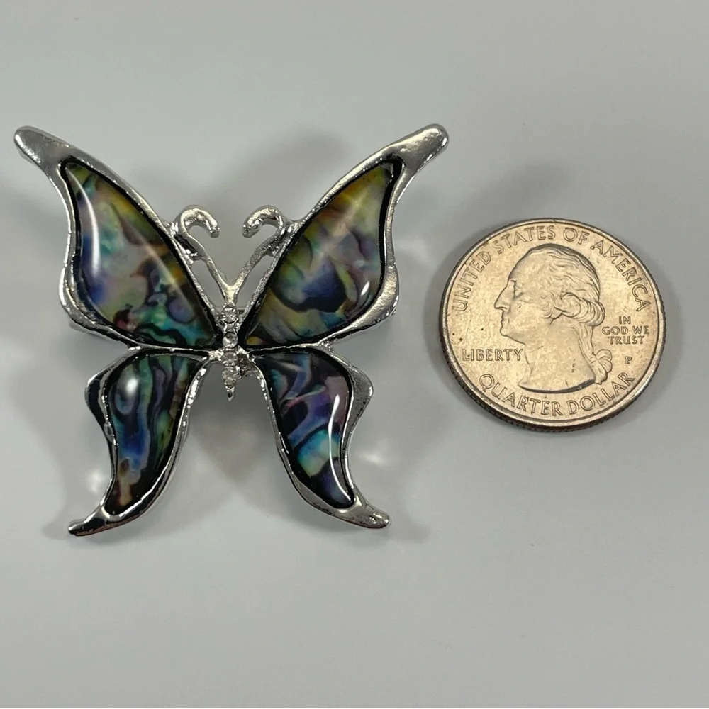 Silver Tone Faux Abalone Pearl Butterfly Brooch Pin Boho Vintage Look Statement